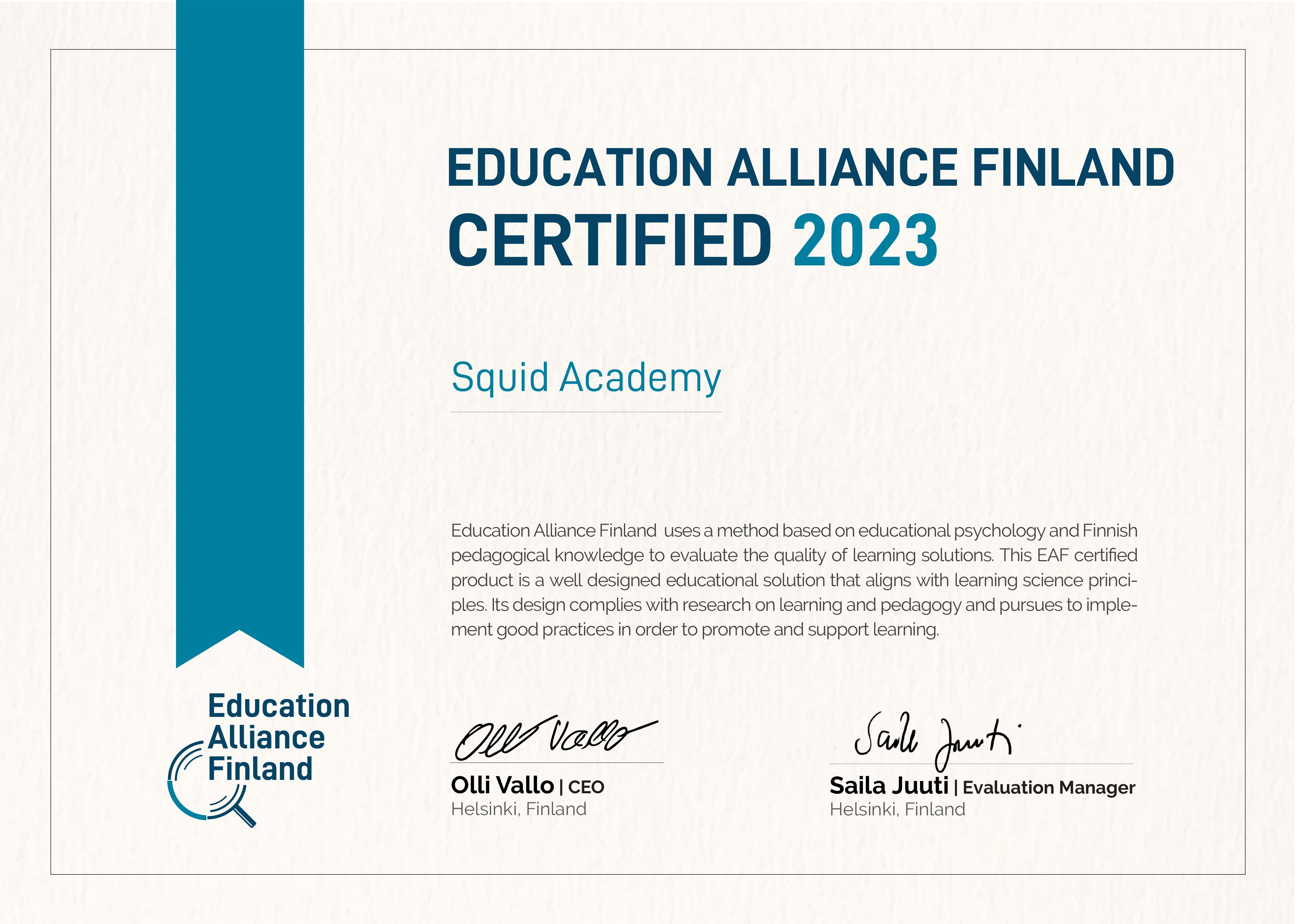 Squid Academy's Certificate of Accreditation from Education Alliance Finland