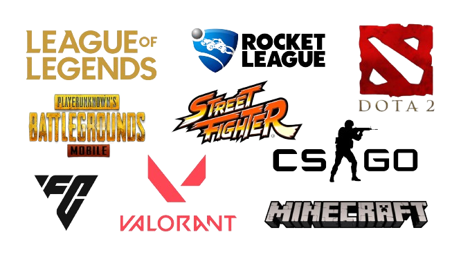 logos of popular esports titles - League of Legends, Rocket League, Dota 2, PUBG Mobile, Street Fighter, CSGO, EA Sports FC, Valorant and Tom Clancy's Rainbow Six